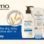 Aveeno skincare lineup (lotion, moisturizing cream, baby lotion, daily moisture shampoo) on a beige background with a blue promo banner at the bottom.