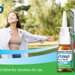 Advertisement for Azep Nasal Spray (azelastine) featuring a smiling woman outdoors and hay fever relief boxes nearby.