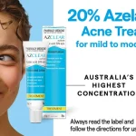 Smiling young woman beside skincare tubes advertising 20% azelaic acid acne treatment (AzClear).