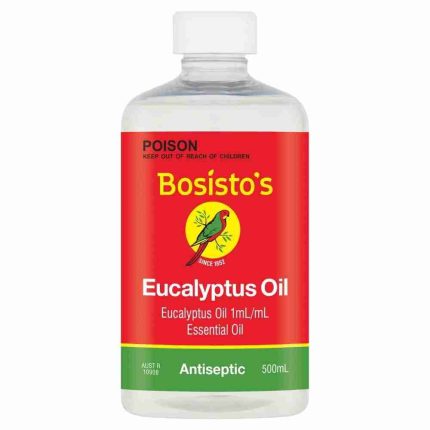 Bottle of Bosisto's Eucalyptus Oil antiseptic, 500 mL, red label with green bottom band and white cap