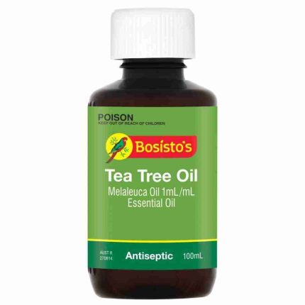 Bosisto's Tea Tree Oil antiseptic bottle, melaleuca oil, 100 mL, green label, white cap