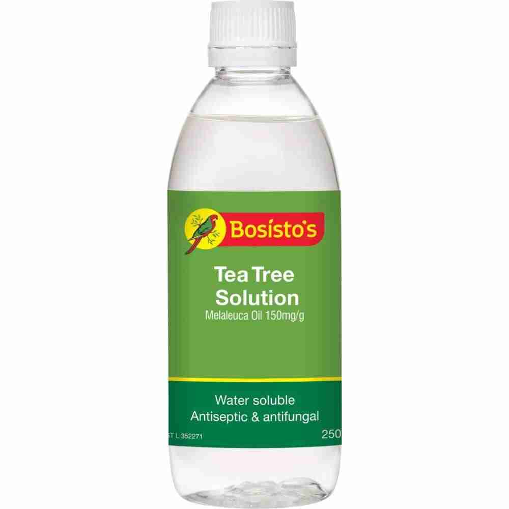 Bosisto’s Tea Tree Solution 250ml-1 Bosisto’s Tea Tree Solution bottle with green label; water-soluble antiseptic and antifungal product (Melaleuca oil 150 mg/g).