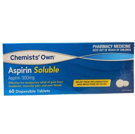 Chemists' Own Aspirin Soluble 300 mg, 60 dispersible tablets for temporary relief of headache, pain and fever; pharmacy medicine.