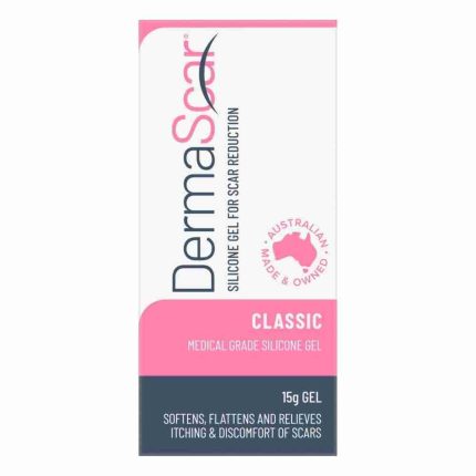 Dermasor Classic silicone gel scar reduction box—pink and white packaging, 15 g, Australian made.