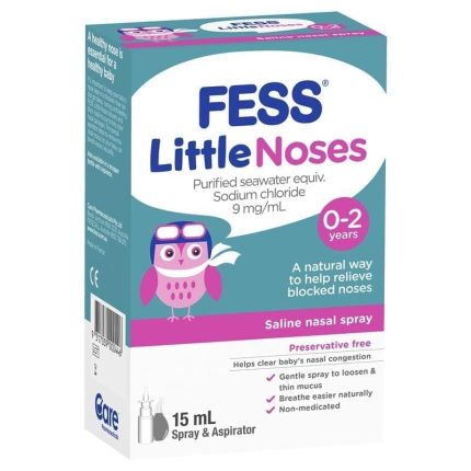 FESS Little Noses saline nasal spray box for 0–2 years, showing a pink owl mascot and bold blue/purple text