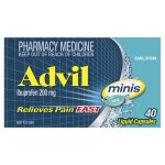 Advil liquid capsules box with 40 capsules, ibuprofen 200 mg, label 'Relieves Pain FAST' on a blue package design, keep out of reach of children.