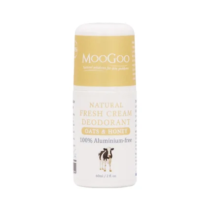 MooGoo Natural Fresh Cream Deodorant bottle with oats & honey label, shows 100% aluminium-free and a small dog graphic on white container 60ml/2fl oz
