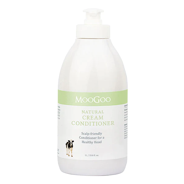 MG-HairCare-Conditioner-1L-1_1920x White MooGoo Natural Cream Conditioner bottle with a pump and a green label reading 'Conditioner' and 'scalp-friendly' text.