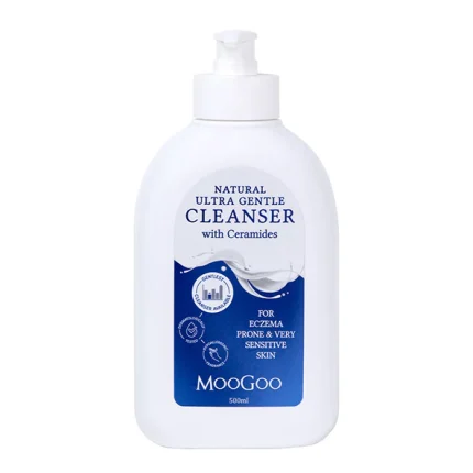 MooGoo Natural Ultra Gentle Cleanser with Ceramides, white bottle with blue label, 500 ml, for eczema-prone and sensitive skin