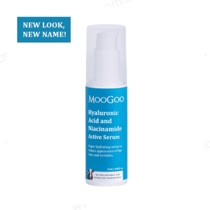 Skincare serum bottle labeled MooGoo Hyaluronic Acid and Niacinamide Active Serum with a pump, blue label, and a 'New Look, New Name' banner.