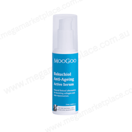 MooGoo Bakuchiol Anti-Ageing Active Serum bottle with pump on a blue label. (skincare product)