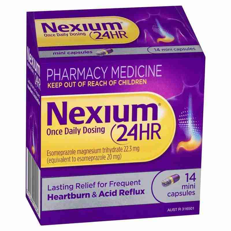 Nexium 24hr 20mg 14 Mini Capsules Nexium 24HR medicine box (purple) advertising heartburn and acid reflux relief, 14 capsules.
