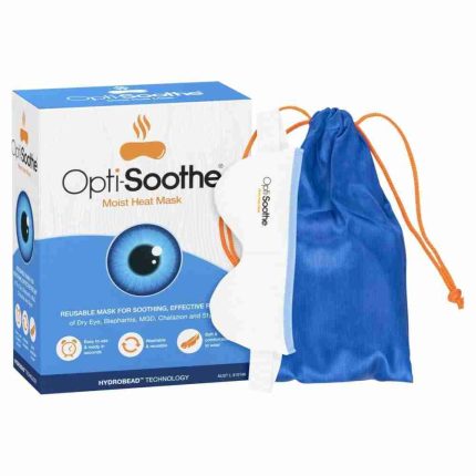 Opti-Soothe Moist Heat Mask packaging with a blue drawstring bag beside it, showing a large eye illustration on the box's front.