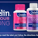 Ostelin Find Your Strong banner with three supplement bottles labeled Iron & B+ Energy, Vitamin D3 1000IU, and Calcium & Vitamin D3 + Magnesium on a blue background.
