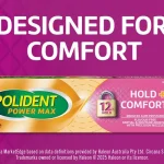 Advertisement banner for Polident Hold+Comfort denture care product on a purple background with slogan 'DESIGNED FOR COMFORT'.