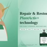 Advertisement banner for A'KIN PlantActiv+ hair care with cartoon figure on left and product bottles on right; promotes repair and restore for stronger hair.
