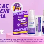 Advertisement for Benzac AC acne treatment kit with Power Patch products on a pink backdrop and bold slogan about a simple routine.