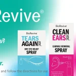 BioRevive banner showing Tear Again dry eye spray, Clean Ears earwax removal spray, and Mouth Ulcer capsules on a teal gradient background with slogan text.