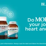 Blackmores omega supplement bottles displayed on a teal advertisement background with the slogan 'Do MORE for your joints, heart and brain' and the Blackmores logo in the top right corner