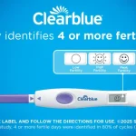 Clearblue fertility test with a blue gradient background, indicating 4 or more fertile days at the top of the image