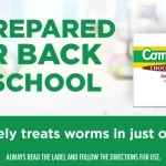 Back-to-school ad with large green text and a Combatrin chocolate squares box promoting a single-dose worm treatment for pets.