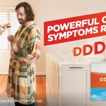 AD for Demazin cold and flu relief showing a woman offering the product to a man in a robe in a kitchen