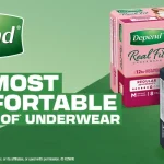 Advert for Depend Real Fit underwear showing pink and navy product boxes on a green background with the bold slogan 'THE MOST COMFORTABLE LEAKPROOF UNDERWEAR'.