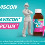 Promotional banner for Gaviscon showing a bottle and dual-action box with the slogan 'ONLY GAVISCON BLOCKS REFLUX' on a teal and pink background.