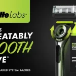 Gillette Labs ad featuring a razor and cartridge against a black background with lime-green branding and the words 'UNBEATABLY SMOOTH SHAVE'.