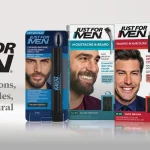 Just For Men product lineup (hair color and grooming kits) with model photos and branding across boxes on a light background, plus slogan text on the left.