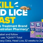 Banner ad for KP24 head lice treatment: bold 'KILL HEAD LICE FAST', cartoon louse, and product boxes on a blue background.