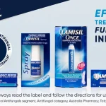 Lamisil antifungal product lineup with cream, spray, and dermal gel on a blue ad backdrop advertising effective fungal skin infection treatments.