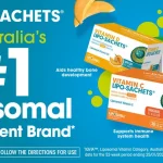 Bright blue ad for LIPO-SACHETS liposomal supplements, featuring boxed vitamins and the headline 'Australia's #1 Liposomal Supplement Brand'.