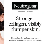 Neutrogena advertisement featuring a woman on the left and a collagen moisturizer on the right with the headline 'Stronger collagen, visibly plumper skin'.