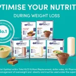 Promotional banner with Optifast weight‑loss meal boxes, a shake glass and a bowl on a teal background, heading 'Optimise your nutrition during weight loss' with a No.1 VLCD brand badge.