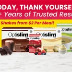 Advertisement banner promoting Optislim shakes with product boxes, chocolate pieces, and berries on a marble counter beneath a bright pink and yellow background.