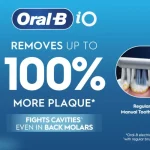 Oral-B iO electric toothbrush with toothpaste, promoting up to 100% more plaque removal and cavity protection.