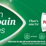 Green Panadol advertisement with the slogan “When pain strikes” and Panadol logo, plus home/work/on-the-go usage icons.