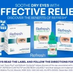 Blue advert for Refresh eye relief showing boxes and bottles labeled Refresh Plus, Refresh Tears Plus, Refresh Contacts, and Refresh Liquigel on a blue background with the slogan 'Soothe the Dry Eyes with Effective Relief.'