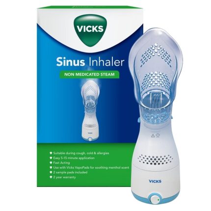 Vicks Sinus Inhaler non-medicated steam kit shown with its blue-and-white box and the white inhaler device beside it.