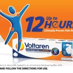 Advertisement for Voltaren Pain Relief Gel showing a blue figure with joints highlighted and a box labeled Voltaren with a 12 hours claim.