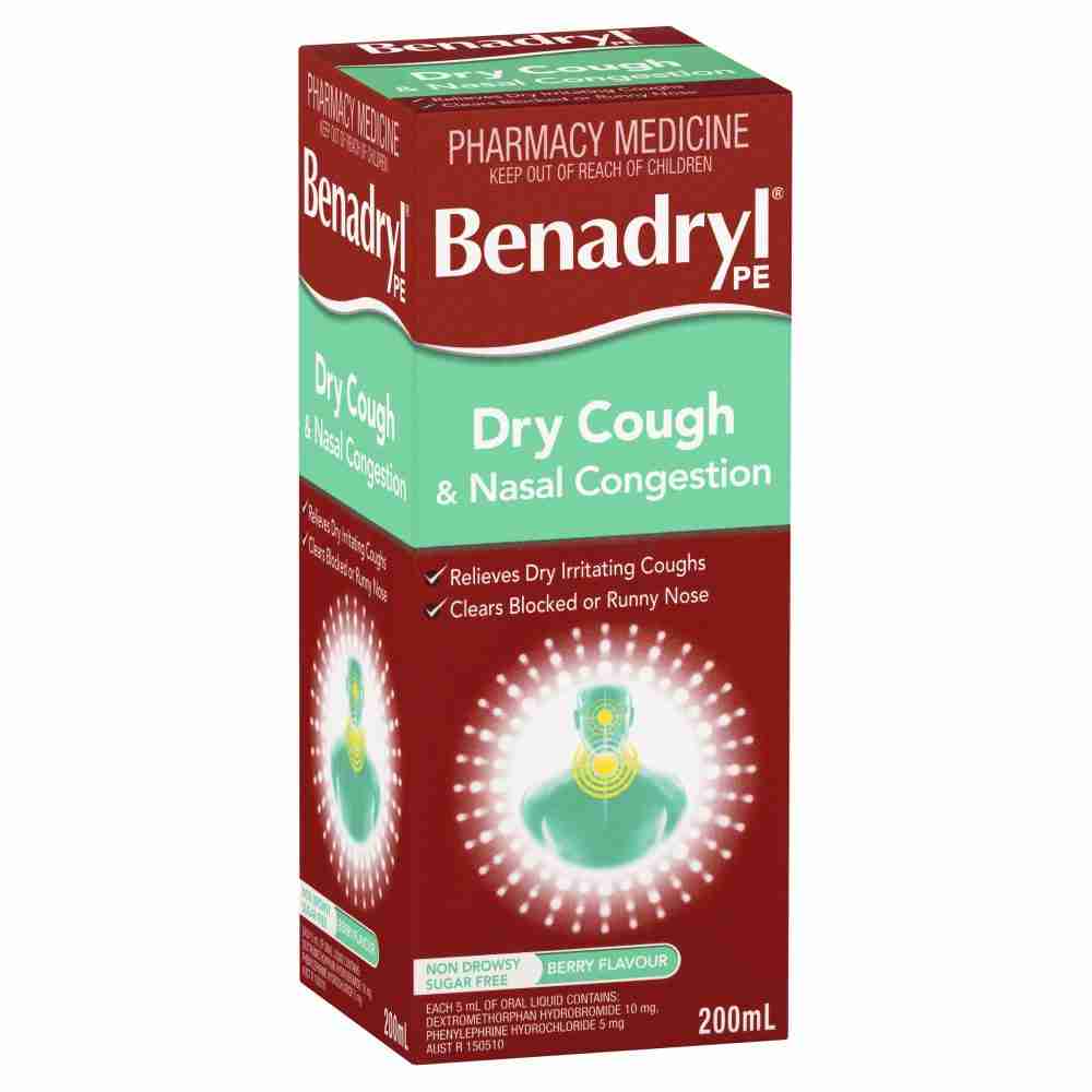 Benadryl PE Dry Cough & Nasal Congestion Liquid Berry Flavour 200mL
